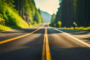 un la carretera con amarillo líneas en eso en el medio de el bosque. generado por ai foto