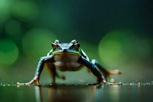 a frog is standing on the ground with its legs spread. AI-Generated photo