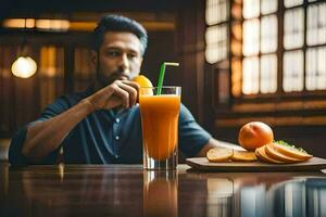 a man sitting at a table with a glass of orange juice. AI-Generated photo