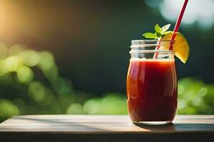 a glass of juice with a straw and a slice of lemon. AI-Generated photo