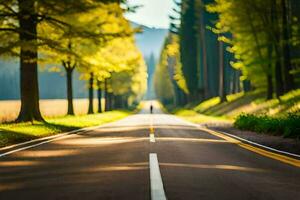 un largo la carretera con arboles recubrimiento ambos lados generado por ai foto