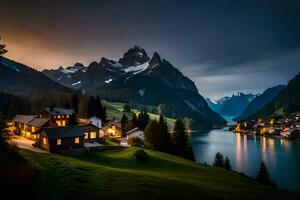 foto fondo de pantalla el cielo, montañas, lago, casa, el noche, el montañas, el lago. generado por ai