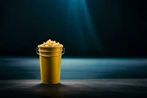 popcorn in a bucket on a dark table. AI-Generated photo