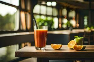 a glass of juice on a table with oranges. AI-Generated photo