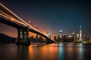 el ciudad horizonte a noche con el puente y el bahía puente. generado por ai foto