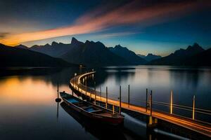 a boat docked at the end of a pier in the middle of a lake. AI-Generated photo