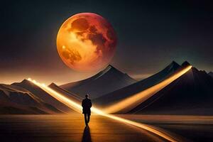 a man standing in front of a red moon with a trail of light. AI-Generated photo