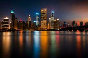 the city skyline at night with lights reflecting in the water. AI-Generated photo