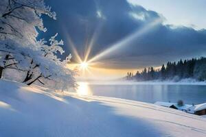 snow covered trees and the sun shining over a lake. AI-Generated photo