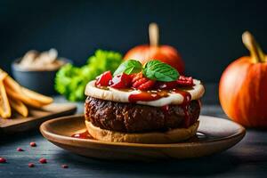 pumpkin burger with cheese and tomato sauce on a wooden plate. AI-Generated photo