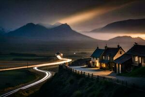 a long exposure photograph of a road and houses in the mountains. AI-Generated photo