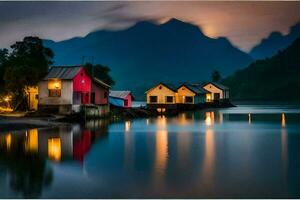 un lago y algunos casas a noche. generado por ai foto