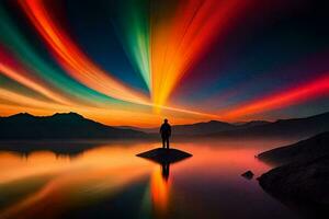 a man standing on a rock in front of a colorful light. AI-Generated photo