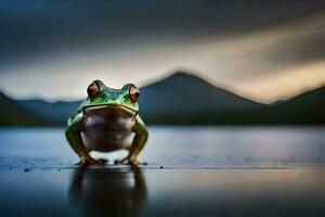 a frog is standing on the edge of a lake. AI-Generated photo