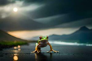 un rana en el playa a noche. generado por ai foto