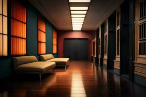 a hallway with two couches and a window. AI-Generated photo