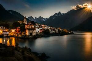 foto fondo de pantalla el cielo, montañas, lago, el sol, el luna, el montañas, el. generado por ai