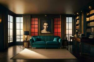 un habitación con un azul sofá y estantería. generado por ai foto