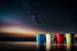 three colorful buckets sit on a table in front of a dark sky. AI-Generated photo