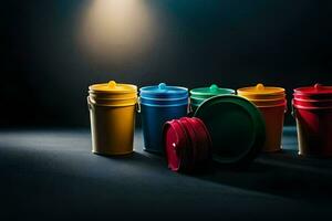 a group of colorful plastic containers on a dark background. AI-Generated photo