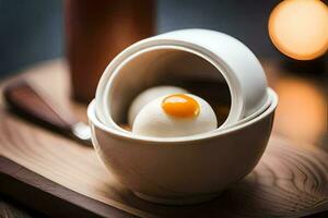 two eggs in a bowl on a table. AI-Generated photo