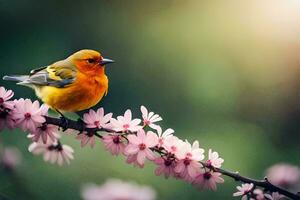 a bird sits on a branch with pink flowers. AI-Generated photo