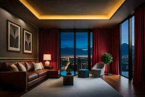a living room with a view of the city at night. AI-Generated photo