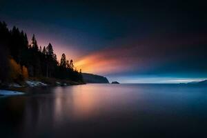 a long exposure photograph of a lake and trees. AI-Generated photo