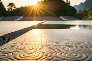 the sun is setting over a pool with a design on it. AI-Generated photo