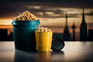 two buckets of peanuts sit on a table with a city in the background. AI-Generated photo