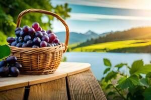 uvas en cesta en mesa por lago. generado por ai foto