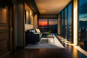 a living room with a view of the city at sunset. AI-Generated photo