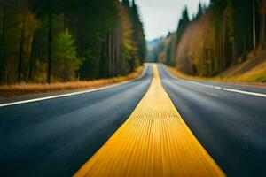 un largo vacío la carretera con amarillo líneas. generado por ai foto