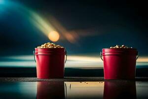 two buckets of popcorn on a table with a light shining on them. AI-Generated photo