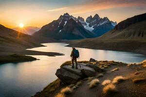 el hombre soportes en el borde de un acantilado con vista a un lago y montañas. generado por ai foto