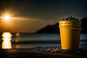 a bucket of gravel on the beach at sunset. AI-Generated photo