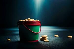 a bucket filled with peanuts on a dark surface. AI-Generated photo