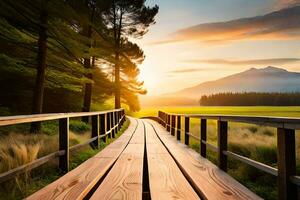 a wooden bridge leads to a field with mountains in the background. AI-Generated photo