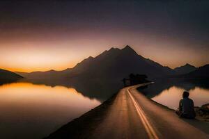 a man sitting on the side of a road looking at the mountains. AI-Generated photo