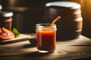 a glass of juice with a straw on a wooden table. AI-Generated photo