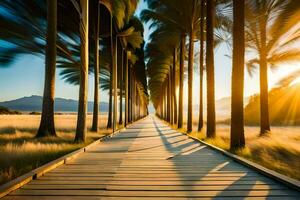 a long wooden walkway with palm trees in the background. AI-Generated photo