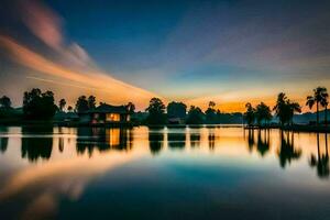 a lake with a house in the middle of it at sunset. AI-Generated photo