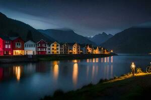 photo wallpaper the night, houses, norway, the village, houses, houses, houses,. AI-Generated