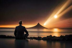a man in a suit sits on the beach watching a light coming from the sky. AI-Generated photo