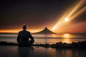 a man in a suit sits on the beach watching a light coming from the sky. AI-Generated photo