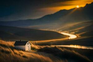 a small house in the middle of a field. AI-Generated photo