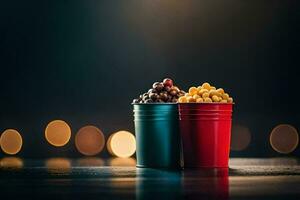 dos tazas de palomitas de maiz en un mesa con bokeh luces. generado por ai foto