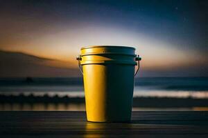 a yellow bucket sitting on a wooden deck overlooking the ocean. AI-Generated photo