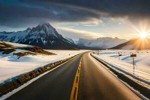 a road in the snow with mountains in the background. AI-Generated photo