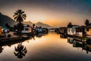 un río con casas y palma arboles a puesta de sol. generado por ai foto